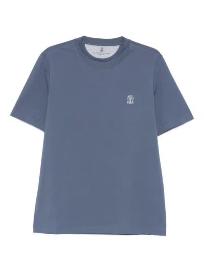 Brunello Cucinelli Men Logo Cotton T-shirt In Blue