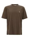 Brunello Cucinelli Printed Logo Crew Neck T-shirt With Side Slits In Brown