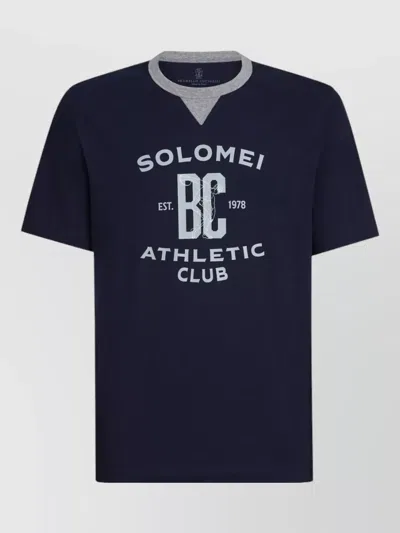 Brunello Cucinelli Logo Cotton T Shirt Graphic Crew Neck In Blue