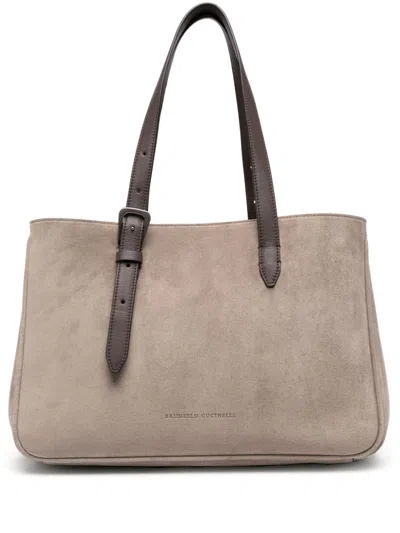 Brunello Cucinelli Logo-debossed Suede Tote Bag In Braun