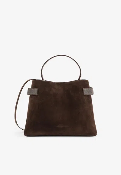 Brunello Cucinelli Logo Debossed Suede Tote Bag In Brown