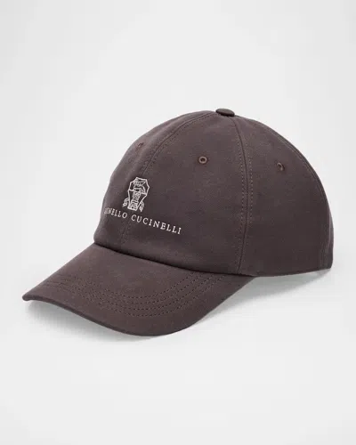Brunello Cucinelli Logo Denim Baseball Cap In Brown Grey