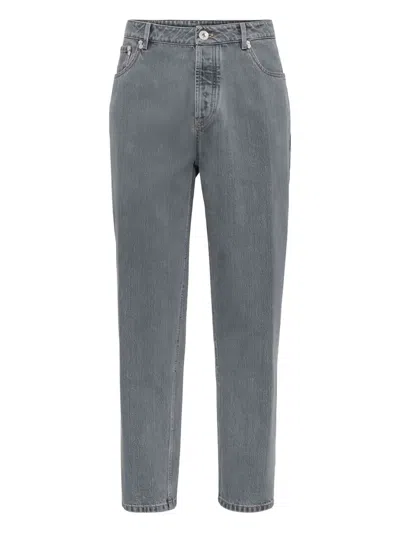 Brunello Cucinelli Logo-detail Cotton Straight-leg Jeans In Gray