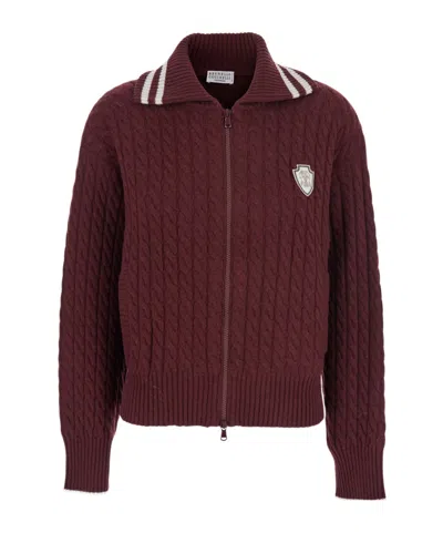 Brunello Cucinelli Logo Detailed Zip-up Cardigan In Burgundy