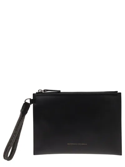 Brunello Cucinelli Logo Detailed Zipped Clutch Bag In Black