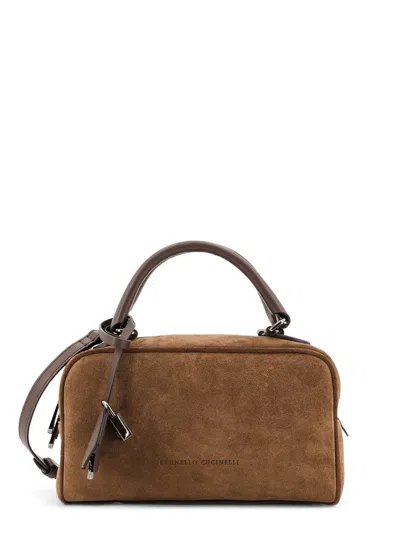 Brunello Cucinelli Logo Embossed Zipped Shoulder Bag In Brown
