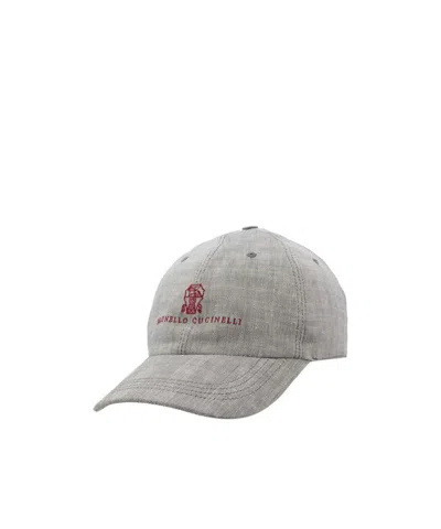 Brunello Cucinelli Men Baseball Cap In Linen And Virgin Wool In Gray