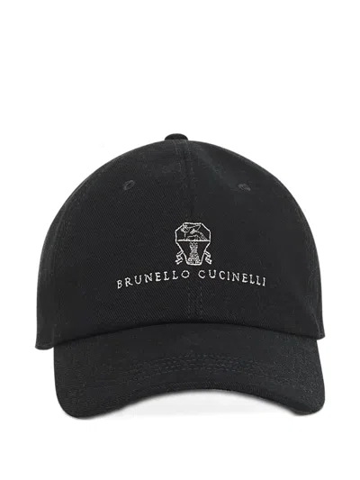 Brunello Cucinelli Baseball Cap In Garment-dyed Twisted Cotton Gabardine With Embroidered Logo In Black