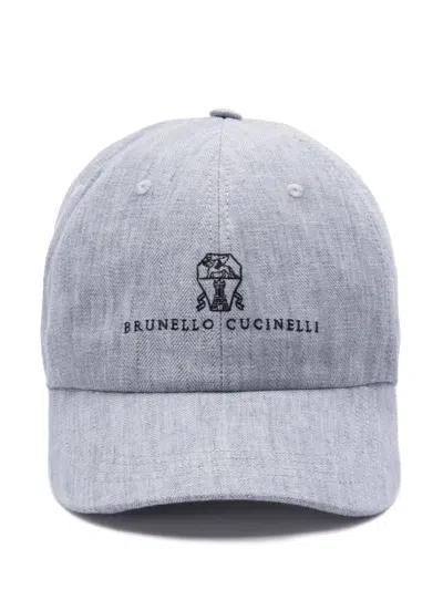 Brunello Cucinelli Logo-embroidered Leather-trimmed Herringbone Linen Baseball Cap In Blue
