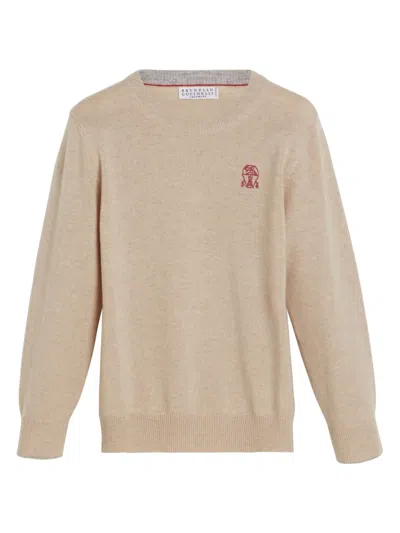 Brunello Cucinelli Kids' Logo-embroidered Cashmere Jumper In 中性色