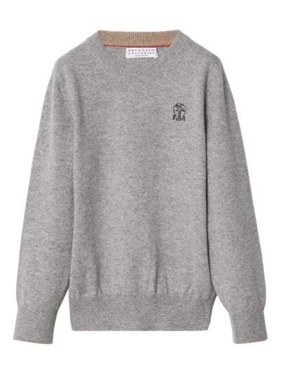 Brunello Cucinelli Kids' Logo-embroidered Cashmere Sweatshirt In Grau