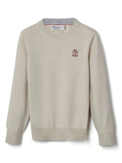 Brunello Cucinelli Kids' Logo-embroidered Cashmere Sweatshirt In Neutrals