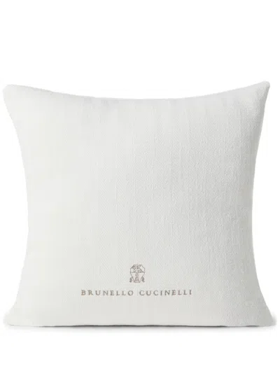 Brunello Cucinelli Logo-embroidered Cotton Cushion In White