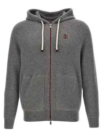 BRUNELLO CUCINELLI LOGO EMBROIDERED HOODED CARDIGAN