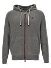 BRUNELLO CUCINELLI LOGO EMBROIDERED HOODED CARDIGAN SWEATER, CARDIGANS GRAY