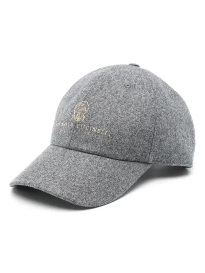 Brunello Cucinelli Virgin Wool Embroidered Baseball Cap In Gray