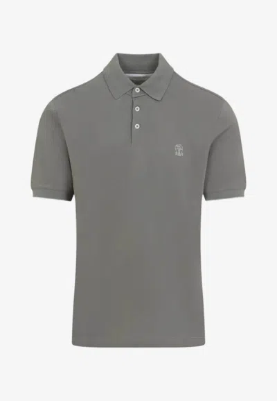 Brunello Cucinelli Logo Embroidered Polo T-shirt In Gray