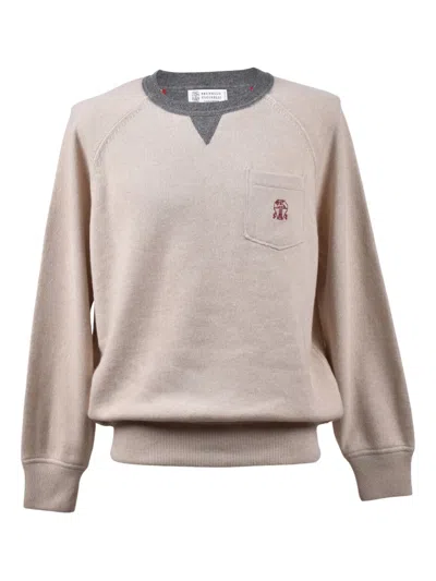 Brunello Cucinelli Logo-embroidered Raglan-sleeve Sweater In Neutral