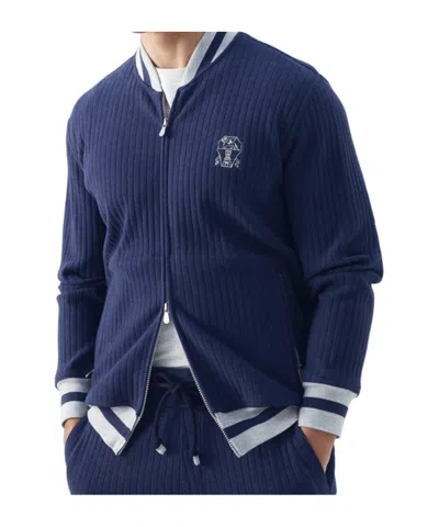 Brunello Cucinelli Logo-embroidered Ribbed Zip-up Sweatshirt In Blue