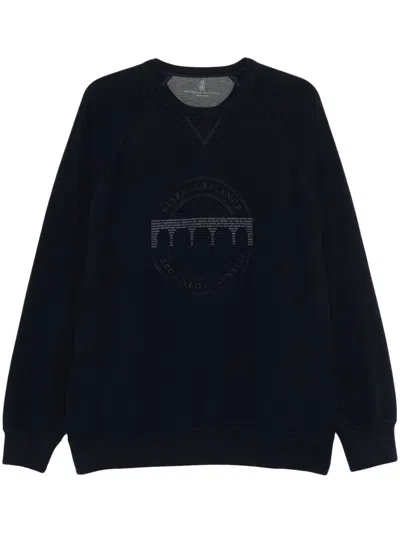 Brunello Cucinelli Logo-embroidered Printed Cotton-blend Jersey Sweatshirt In Blue