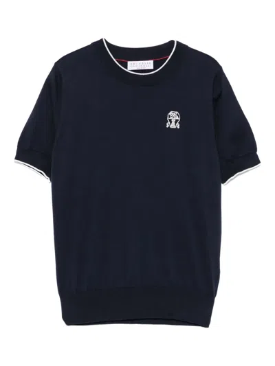 Brunello Cucinelli Kids' Logo-embroidered T-shirt In Blue