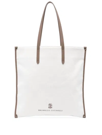 Brunello Cucinelli Logo-embroidered Tote Bag In White