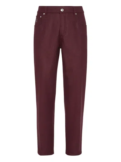 Brunello Cucinelli Logo-embroidered Trousers In Burgundy