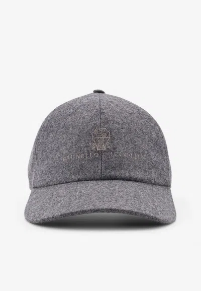 Brunello Cucinelli Virgin Wool Embroidered Baseball Cap In Gray