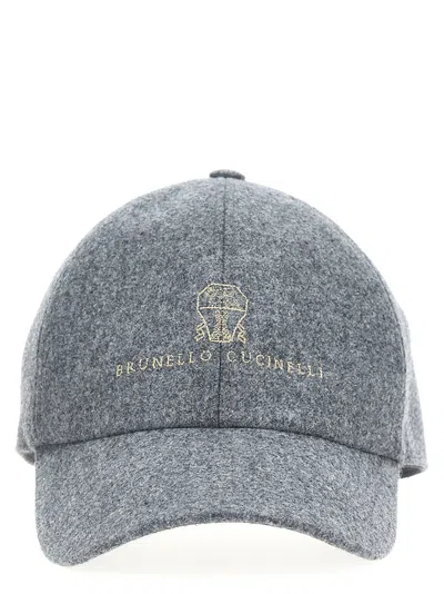 Brunello Cucinelli Virgin Wool Embroidered Baseball Cap In Gray