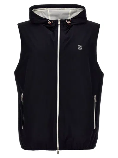 BRUNELLO CUCINELLI LOGO EMBROIDERY HOODED VEST GILET BLUE