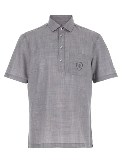 Brunello Cucinelli Men Virgin Wool Poplin Polo Shirt In Blue