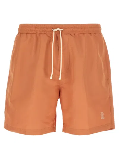 Brunello Cucinelli Logo Embroidery Swimsuit Beachwear Orange In Multi