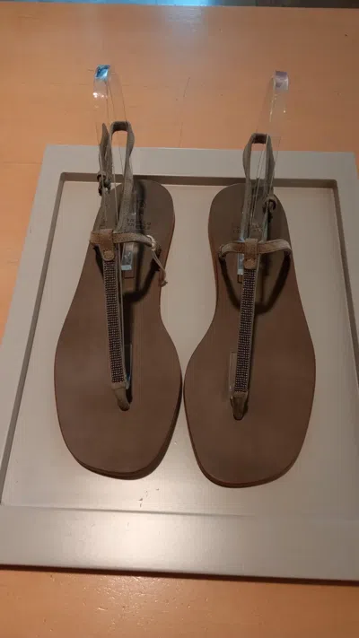 Brunello Cucinelli Logo Flat Sandals In Brown