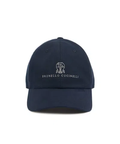 Brunello Cucinelli Men Baseball Cap In Garment-dyed Twisted Cotton Gabardine With Embroidered Logo In Blue