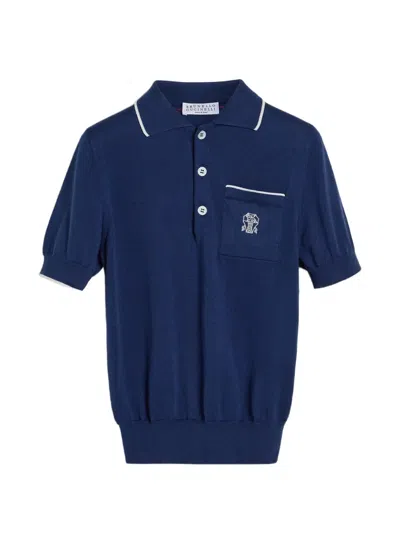 Brunello Cucinelli Kids' Logo Knit Polo Shirt In Blue