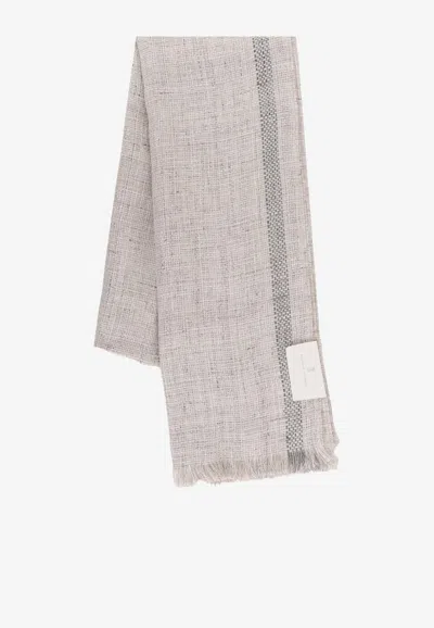 Brunello Cucinelli Logo Label Linen Scarf In Gray