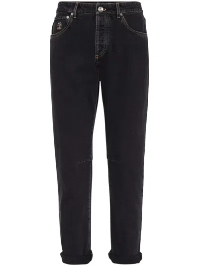 Brunello Cucinelli Logo-patch Cotton Tapered Jeans In Blue