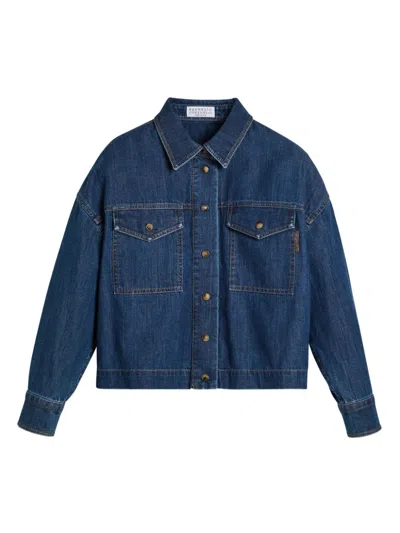 Brunello Cucinelli Kids' Logo-patch Denim Shirt In Blue