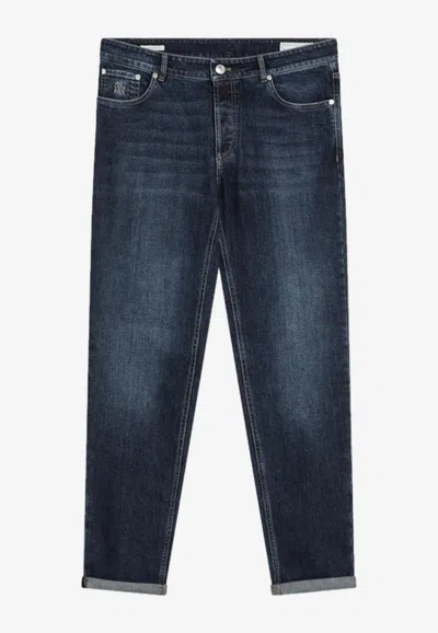 Brunello Cucinelli Logo Patch Faded Slim Jeans In Blue