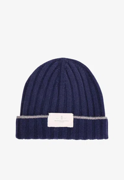 Brunello Cucinelli Logo Patch Ribbed Beanie In Blue