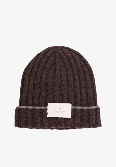 Brunello Cucinelli Logo Patch Ribbed Beanie In Brown