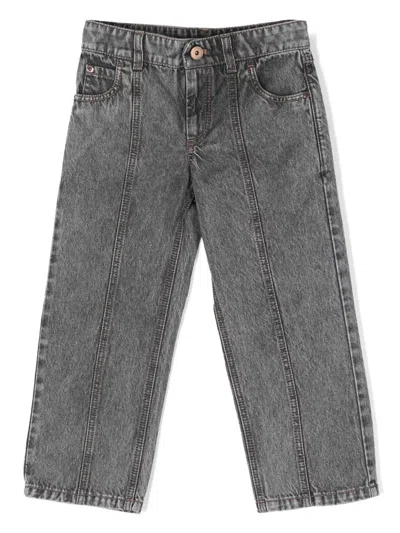 Brunello Cucinelli Kids' Logo-patch Straight-leg Jeans In Grey