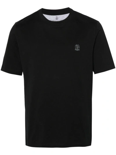 Brunello Cucinelli Logo Print Cotton T-shirt Black In Blue