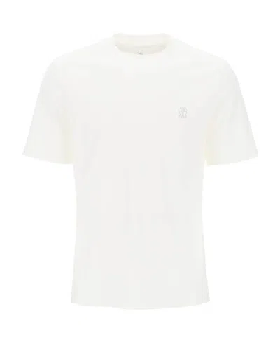 Brunello Cucinelli Men Cotton Jersey Crew-neck T-shirt With Logo And Faux-layering In White