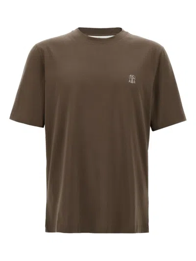 Brunello Cucinelli Printed Logo Crew Neck T-shirt With Side Slits In Brown
