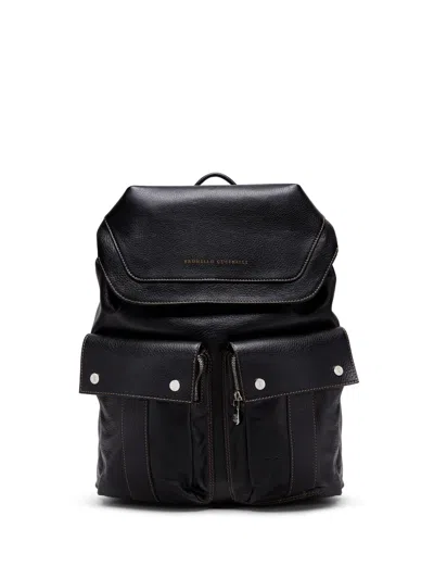 Brunello Cucinelli Logo-print Leather Backpack In Black