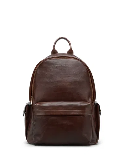 BRUNELLO CUCINELLI LOGO-PRINT LEATHER BACKPACK
