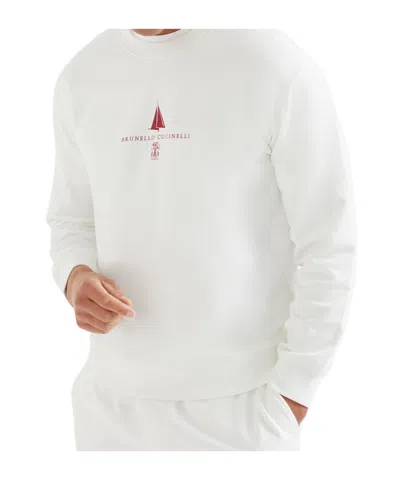 Brunello Cucinelli Men Printed Techno Cotton Fleece Topwear In White