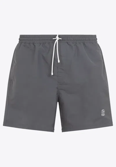 Brunello Cucinelli Logo Print Swim Shorts In Gray