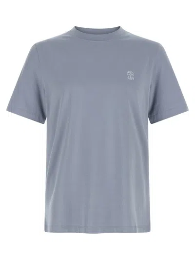 Brunello Cucinelli Logo Print T-shirt Light Blue In Multi